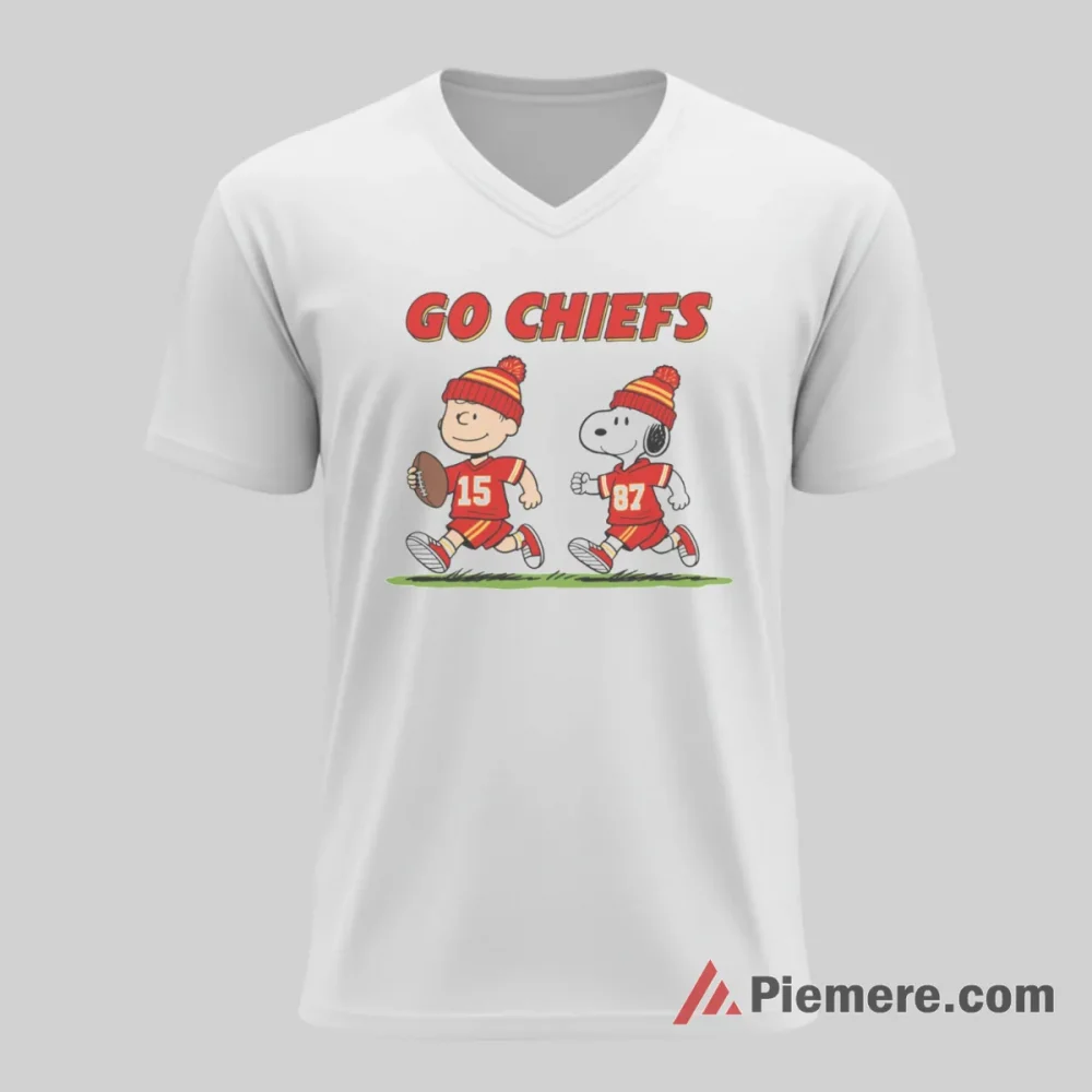 Snoopy Charlie Brown Kansas City Chiefs Go Chiefs Duo Shirt on white v-neck shirt for men graphic tee