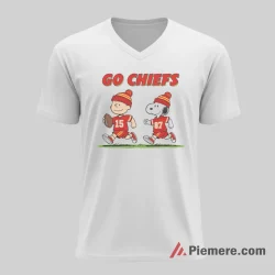 Snoopy Charlie Brown Kansas City Chiefs Go Chiefs Duo Shirt on white v-neck shirt for men graphic tee