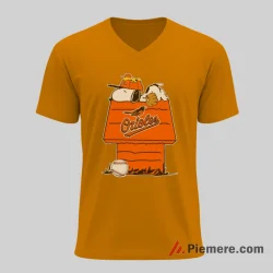 Snoopy Doghouse Baltimore Orioles Peanuts Baseball Shirt on orange v-neck shirt for men graphic tee
