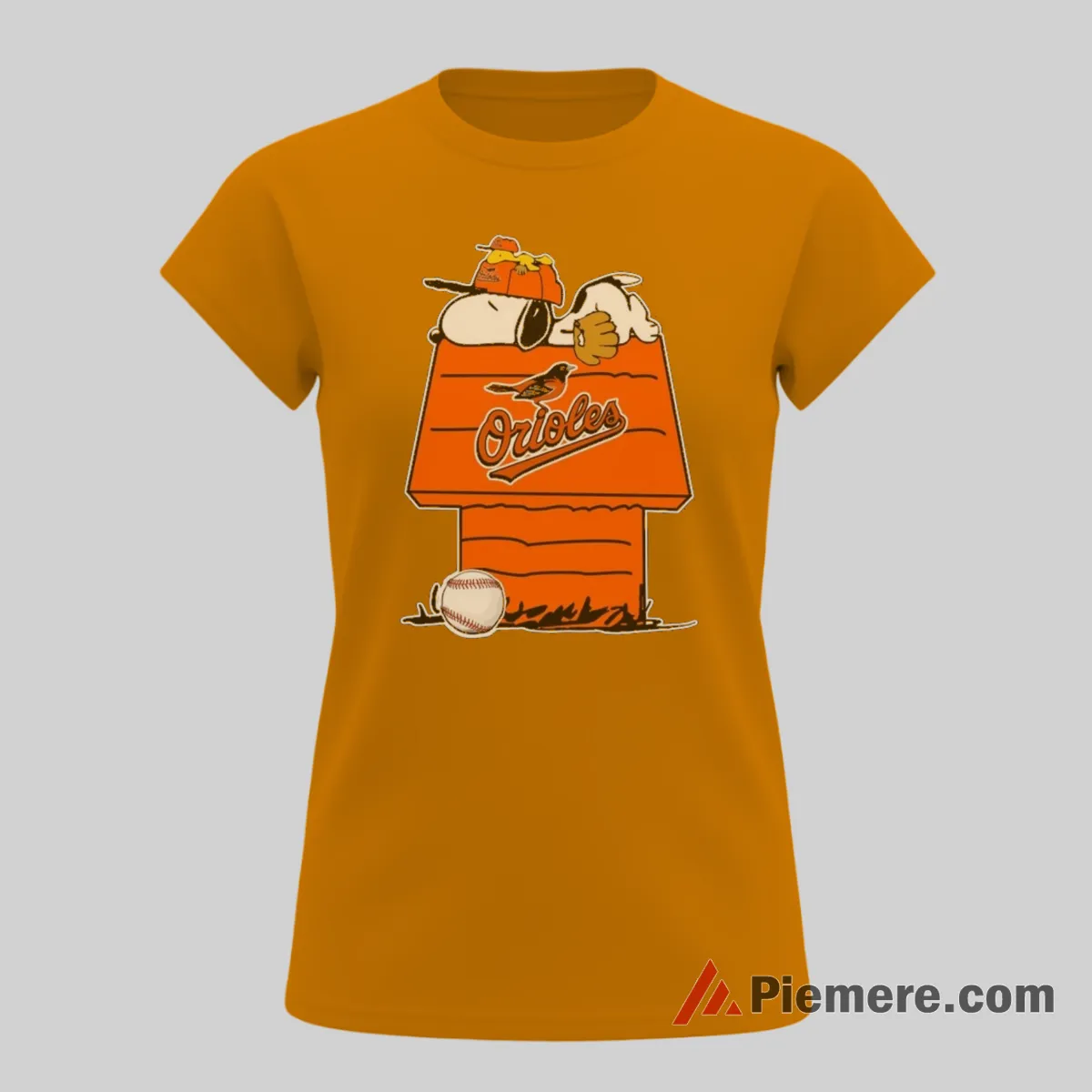Snoopy Doghouse Baltimore Orioles Peanuts Baseball Shirt on orange short sleeve shirt for women graphic tee