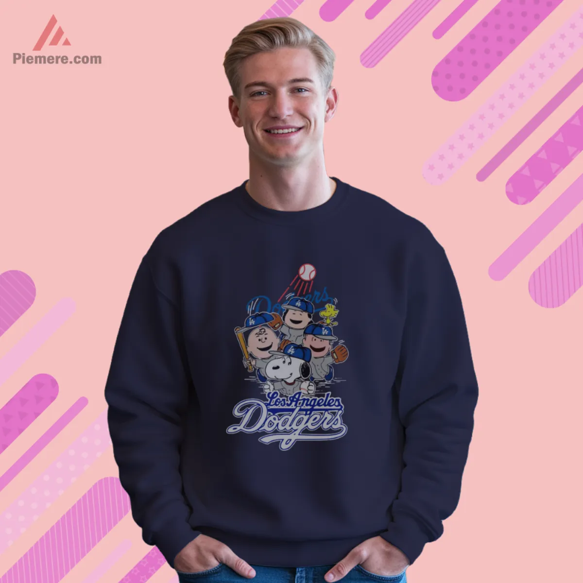 Navy sweatshirt showing Peanuts characters in Dodgers uniforms