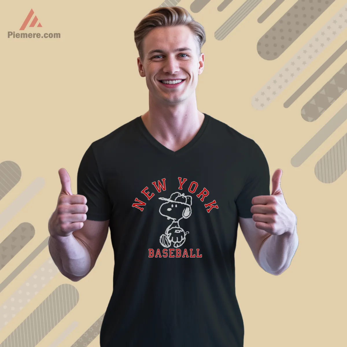 Men V neck with Snoopy New York Baseball artwork
