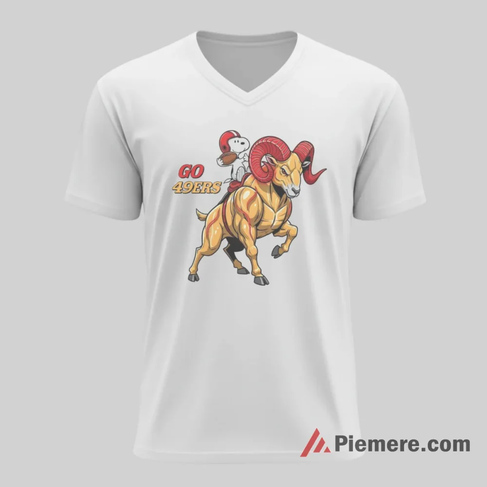 Snoopy Ram Rider Go 49ers Football Shirt on white v-neck shirt for men graphic tee