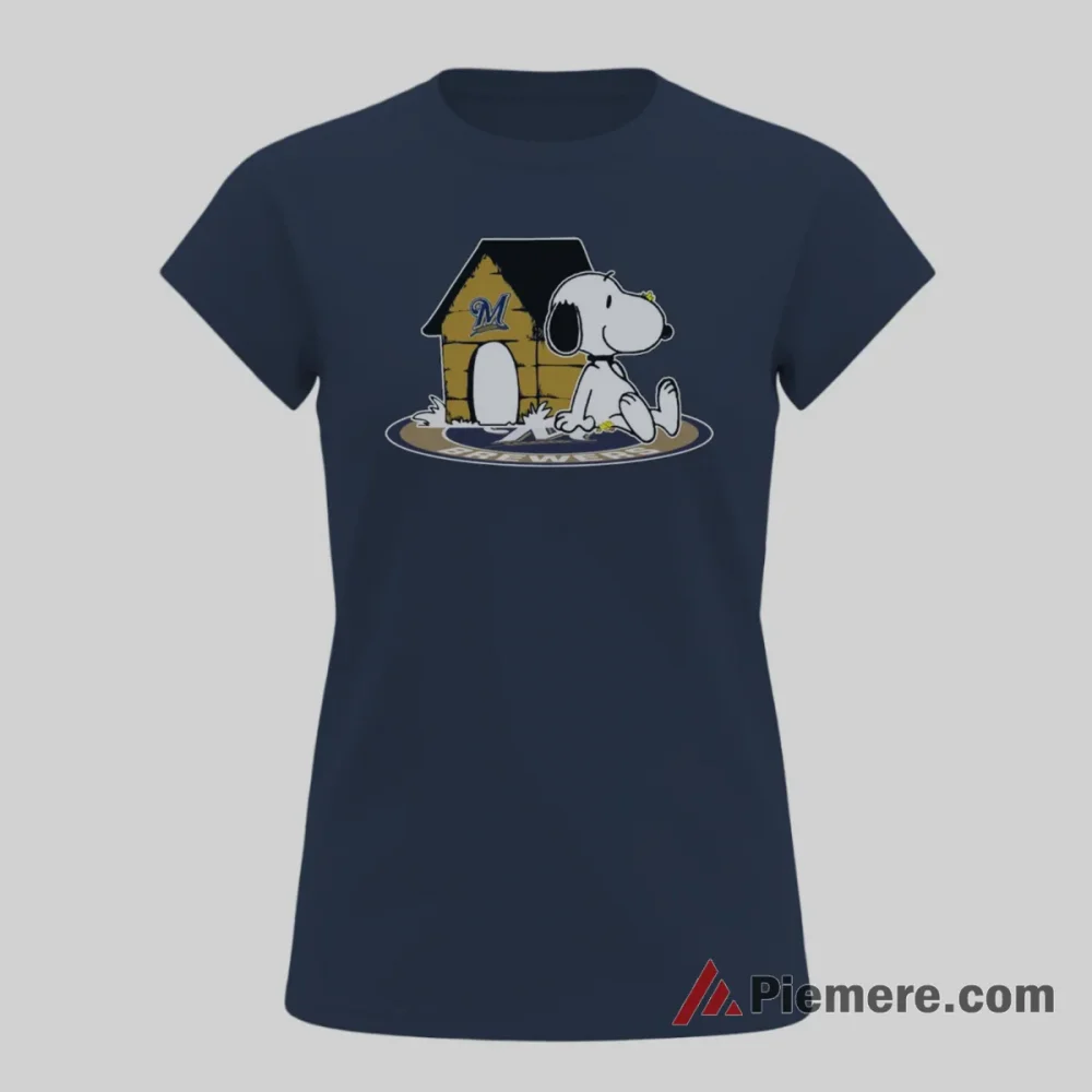 Snoopy Relaxing By Doghouse Milwaukee Brewers Peanuts Shirt on navy short sleeve shirt for women graphic tee