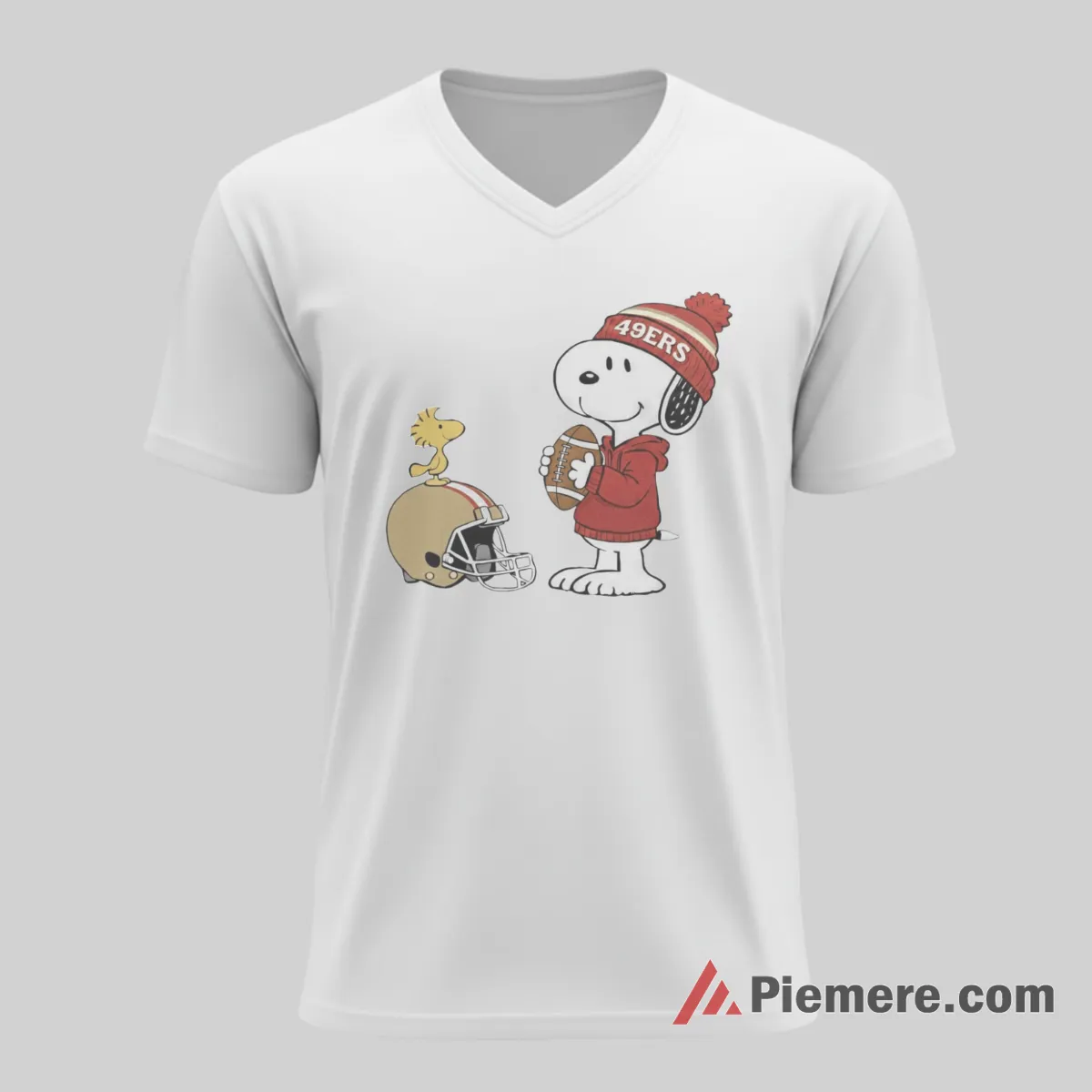 Snoopy San Francisco 49ers Game Day Helmet Shirt on white v-neck shirt for men graphic tee