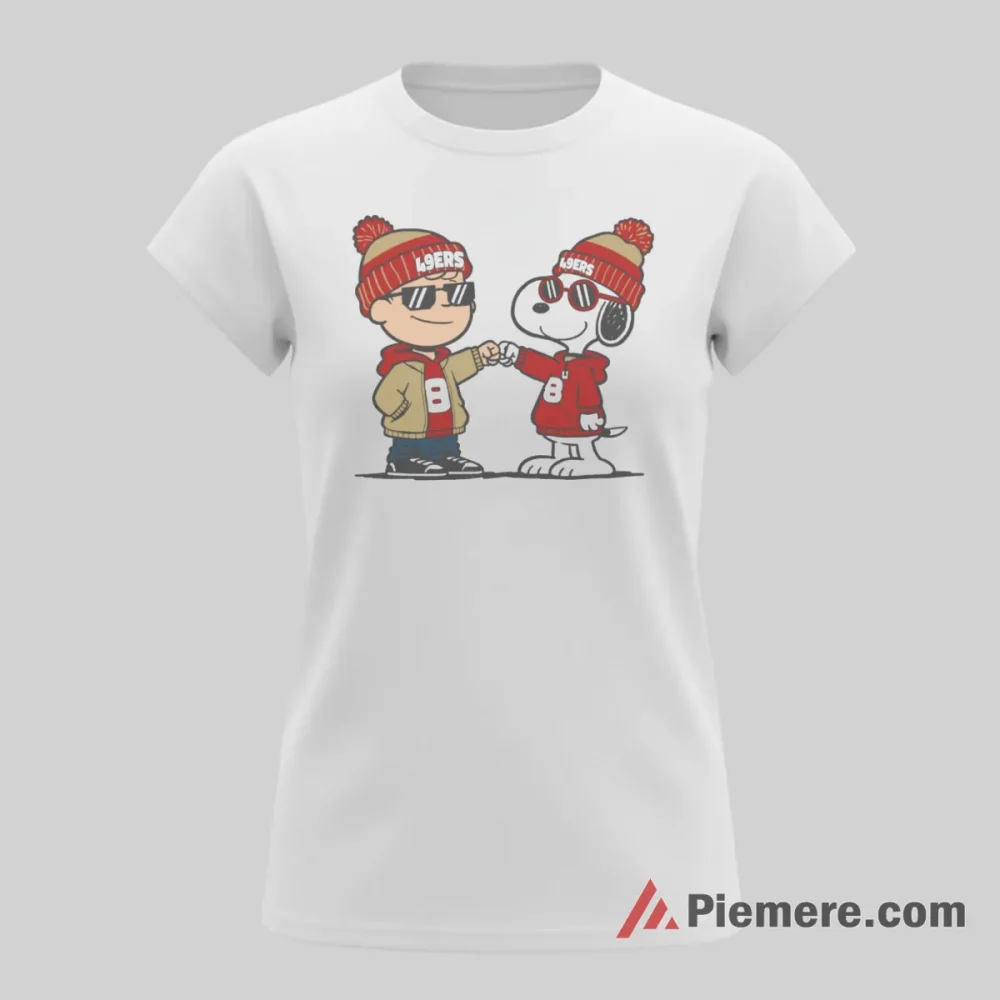 Snoopy San Francisco 49ers Winter Fan Duo Shirt on white short sleeve shirt for women graphic tee
