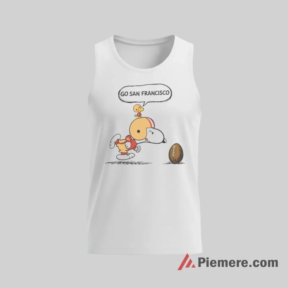 Snoopy Woodstock Go 49ers Game Day Shirt on white tank top for men graphic tee