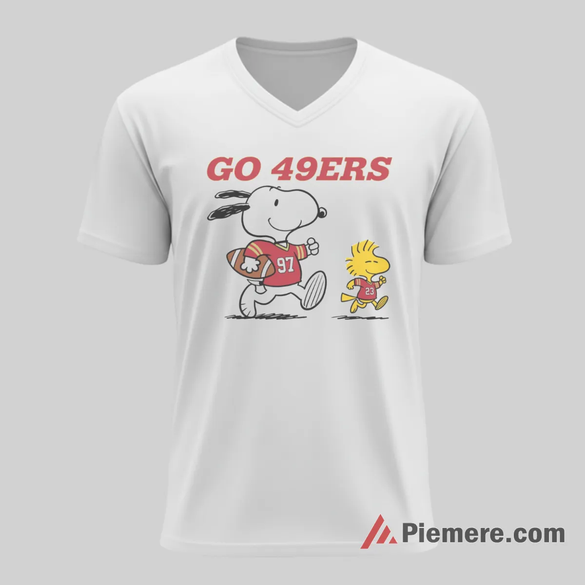 Snoopy Woodstock Go 49ers Retro Football Shirt on white v-neck shirt for men graphic tee
