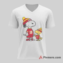 Snoopy Woodstock Kansas City Chiefs Beanie Duo Shirt on white v-neck shirt for men graphic tee