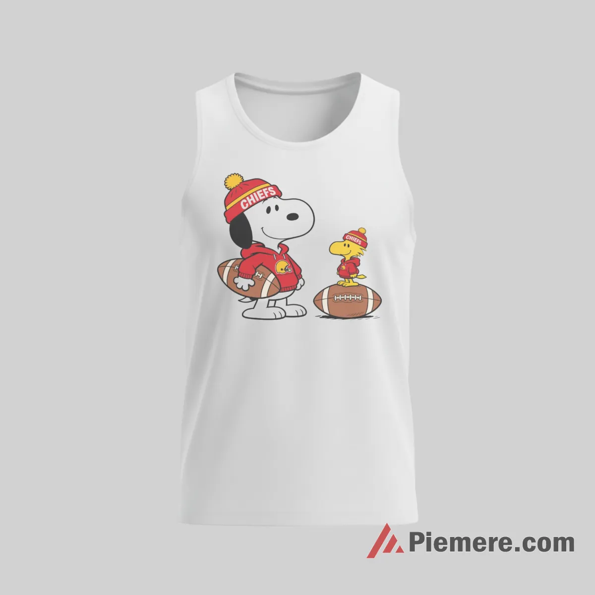 Snoopy Woodstock Kansas City Chiefs Football Beanie Shirt on white tank top for men graphic tee