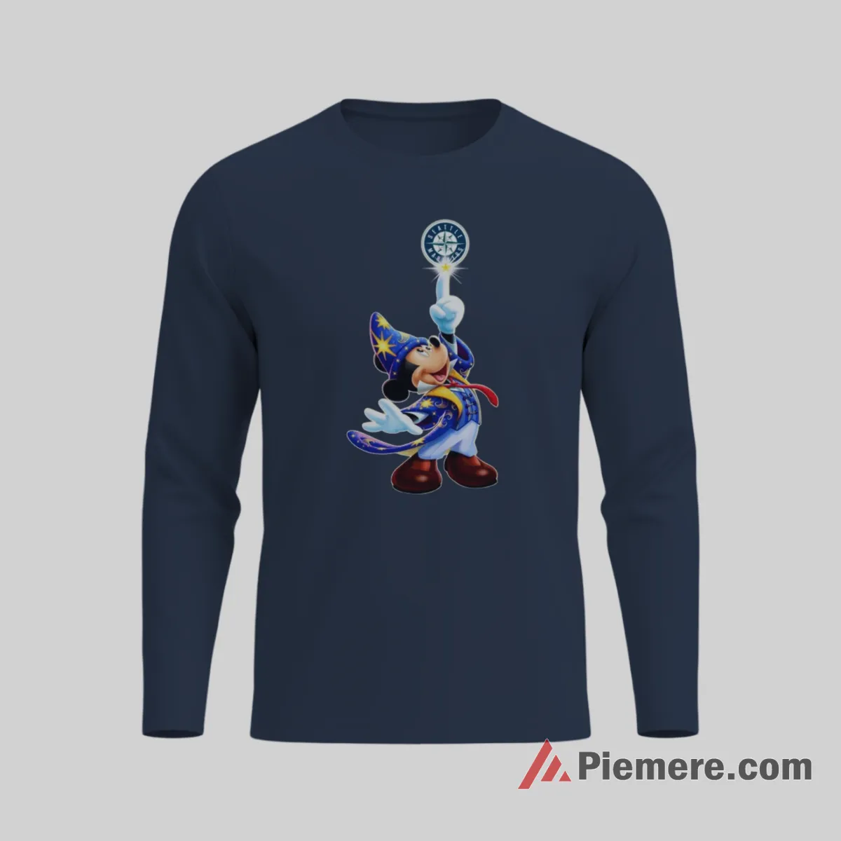 Sorcerer Mickey Mouse Seattle Mariners Magic Baseball Shirt on navy long sleeve shirt for men graphic tee