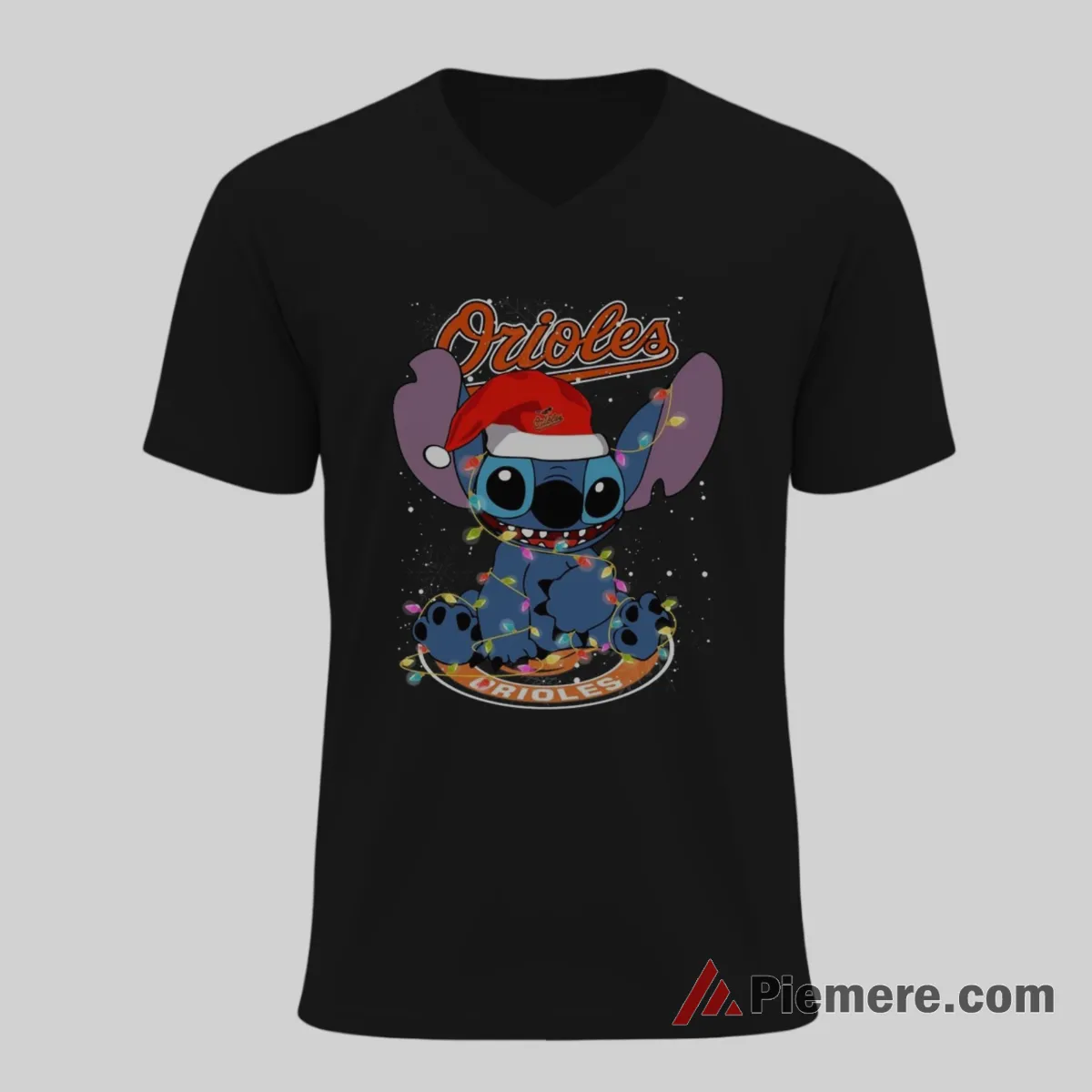 Stitch Baltimore Orioles Christmas Baseball Fan Shirt on black v-neck shirt for men graphic tee