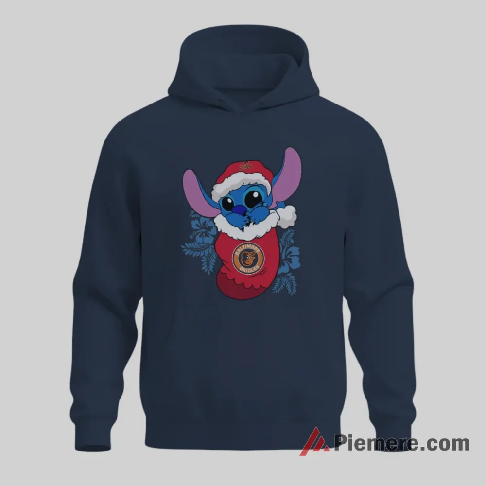 Stitch Baltimore Orioles Christmas Stocking Shirt on navy hoodie for men graphic tee
