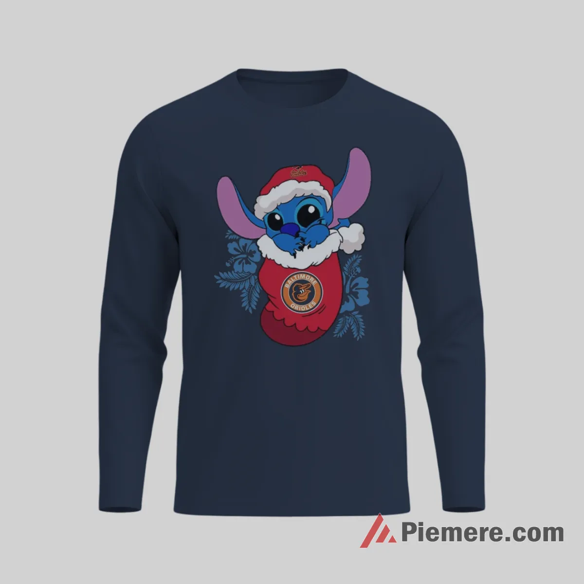 Stitch Baltimore Orioles Christmas Stocking Shirt on navy long sleeve shirt for men graphic tee