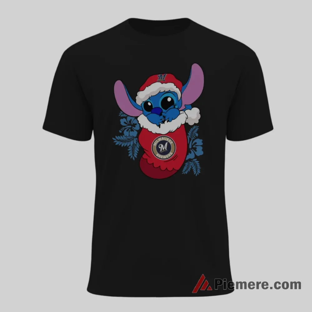 Stitch Christmas Stocking Milwaukee Brewers Cartoon Shirt on black short sleeve shirt for men graphic tee