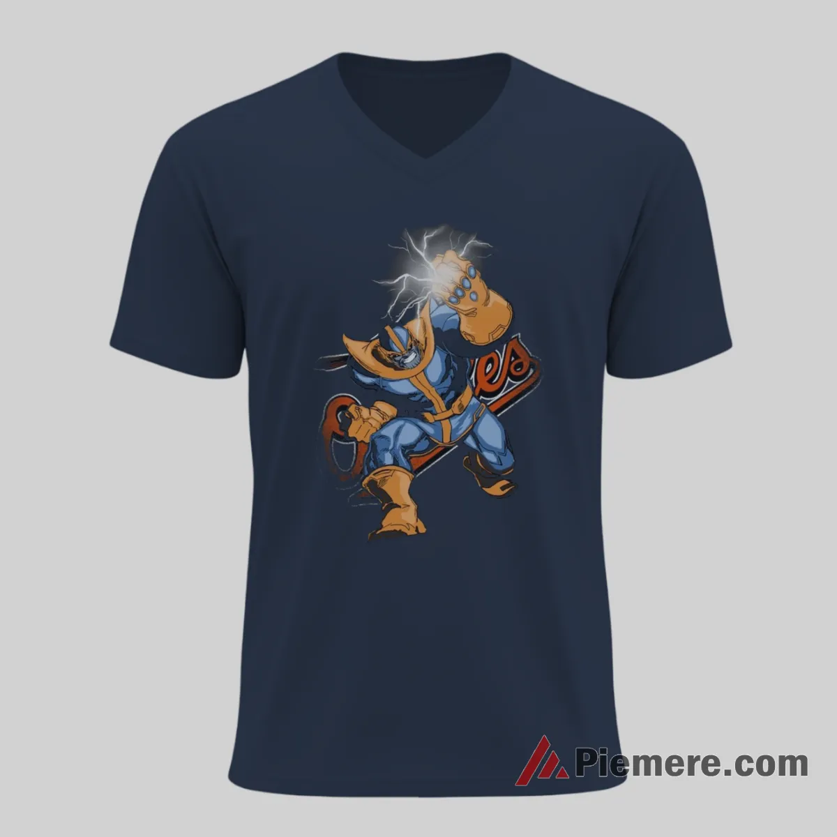 Thanos Baltimore Orioles Infinity Power Shirt on navy v-neck shirt for men graphic tee