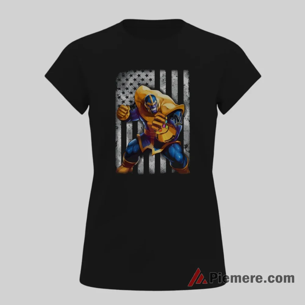 Thanos Milwaukee Brewers American Flag Marvel Villain Shirt on black short sleeve shirt for women graphic tee