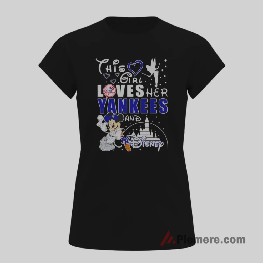 This Girl Loves Yankees And Disney Typography Shirt on black short sleeve shirt for women graphic tee