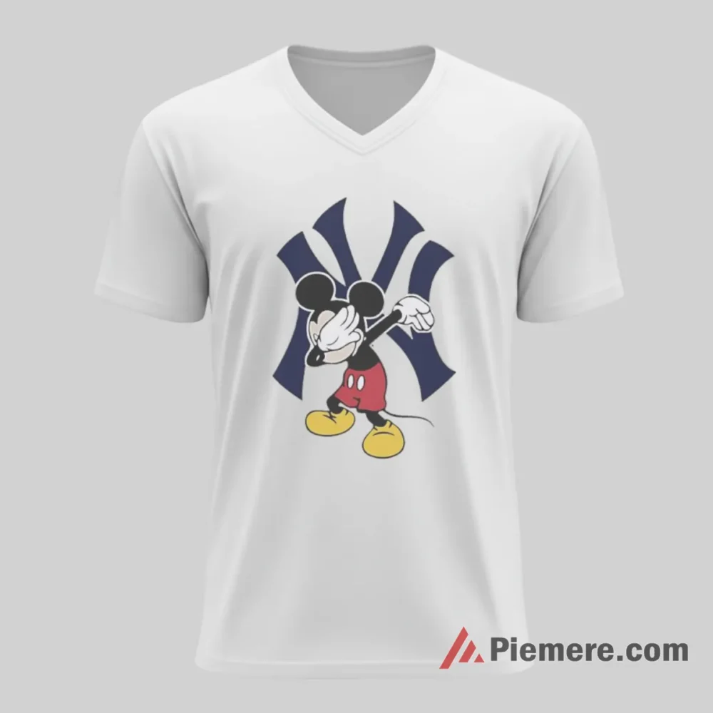 Yankees Dabbing Mickey Big Logo Celebration Shirt on white v-neck shirt for men graphic tee